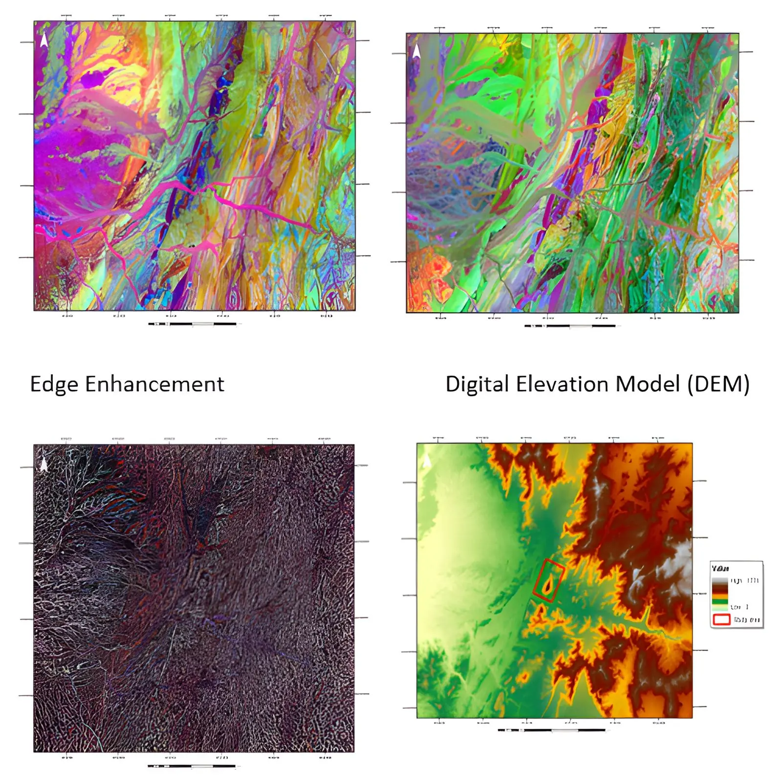 Remote sensing outputs: principal component analysis, edge enhancement and digital elevation model